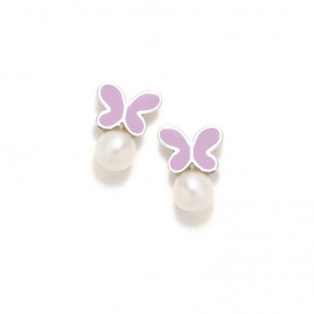 PENDIENTE ROSCA MARIPOSA MALVA PERLA - JOYAS - PLATERIA SAN JUAN